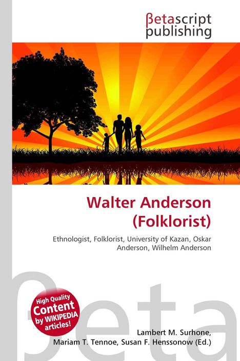 "Betascript publishing. Walter Anderson (Folklorist) vor Sonnenuntergang, Baum links, Familie rechts, Silhouettenstil."