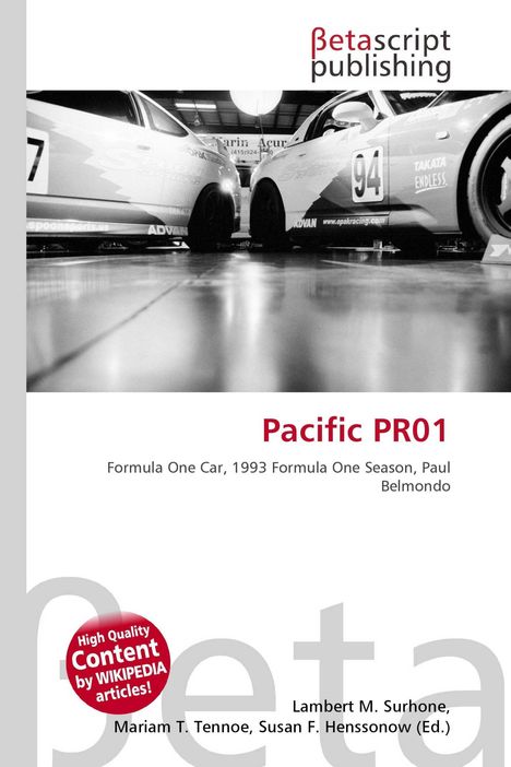 Oben: "Betascript Publishing". 
Titel: "Pacific PR01". 
Untertitel: "Formula One Car, 1993 Formula One Season, Paul Belmondo". 
Szene mit Rennwagen.