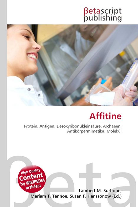 Logo oben mit "Betascript Publishing". "Affitine" in Rot. Wissenschaftliche Begriffe. Frau in Laborumgebung.