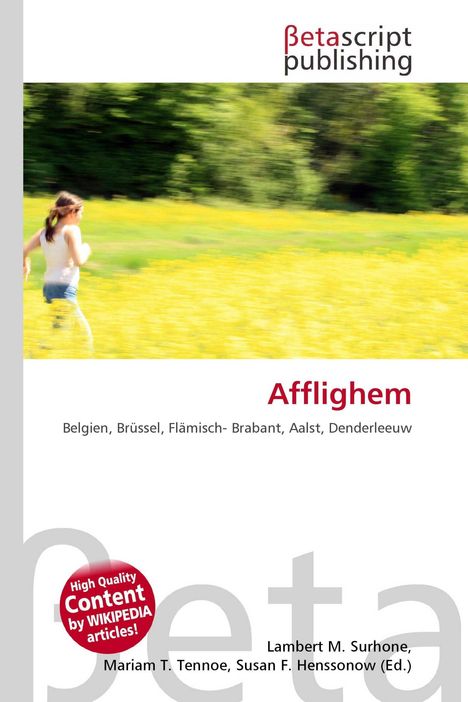 Text "Afflighem", darunter "Belgien, Brüssel, Flämisch-Brabant, Aalst, Denderleeuw", unscharfes Bild eines Mädchens im Blumenfeld.