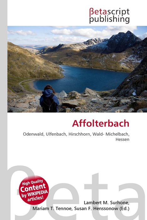 Afkolterbach. Odenwald, Ulfenbach, Hirschhorn, Wald-Michelbach, Hessen. Logo oben. Mensch blickt auf blauen See in Bergen.