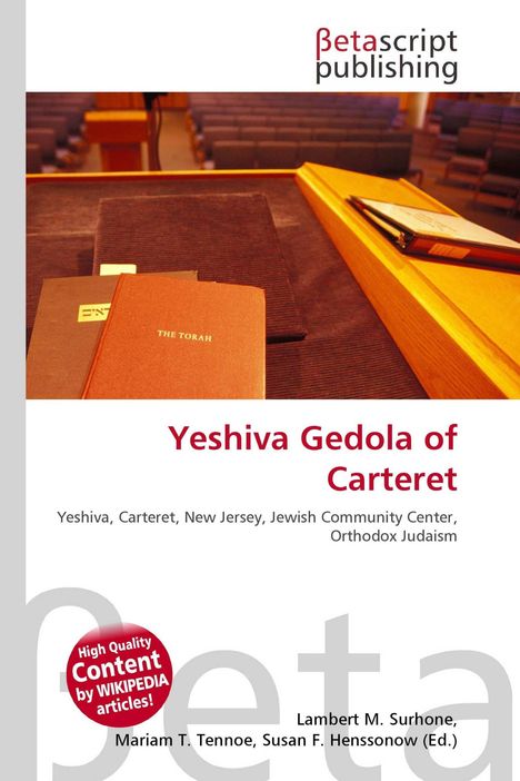 Ein Buchcover mit "Yeshiva Gedola of Carteret," darunter ein Pult mit Büchern.