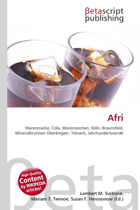 Logo von Betascript Publishing, zwei Gläser Cola mit Eiswürfeln, Text über Warenmarken und Jahrhundertwende.