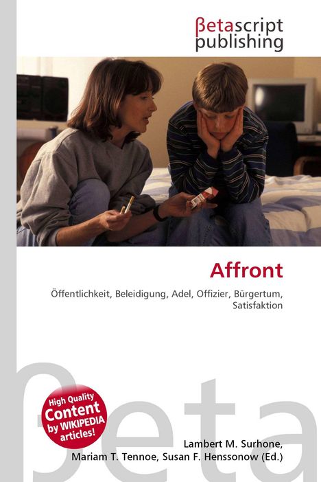 Oben "Betascript Publishing". Titel "Affront". Frau zeigt Kind eine Zigarette, beide sitzen auf einem Bett.