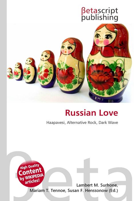 Logo "Betascript Publishing", Titel "Russian Love", darunter "Haapavesi, Alternative Rock, Dark Wave". Matroschka-Puppen.