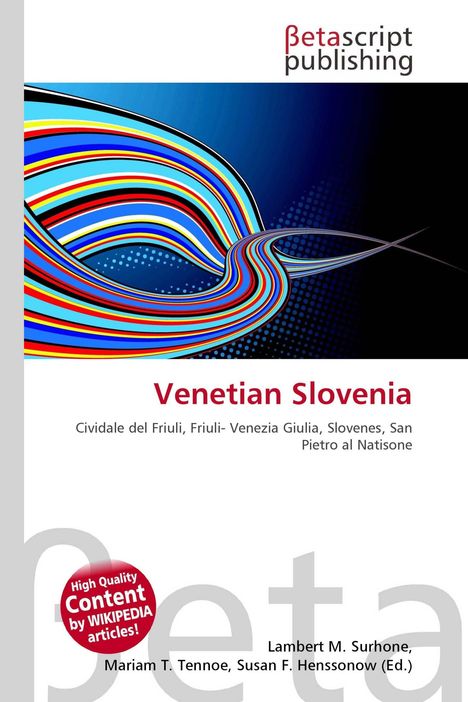 „Venetian Slovenia“, bunte Linien und Kreise, Betascript Publishing Logo, rote Wikipedia Hinweisplakette.