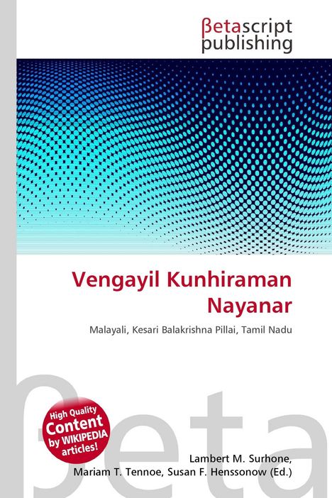 "Vengayil Kunhiraman Nayanar" in roter Schrift, oben Betascript-Logo, Hintergrund blau-türkise Punkte.