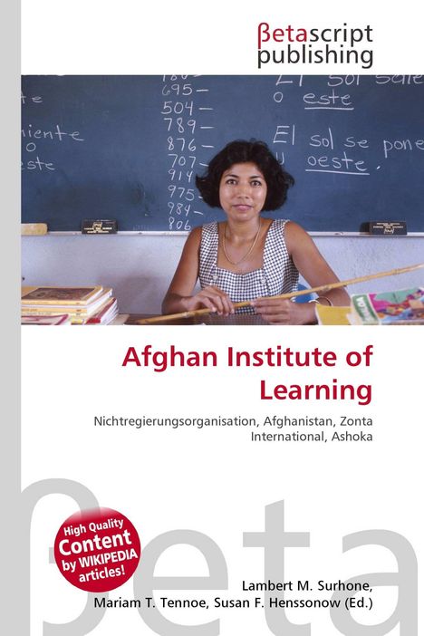 Logo mit "Betascript Publishing". Frau vor einer Tafel. Text: "Afghan Institute of Learning", Beschreibung und Autorenangaben.