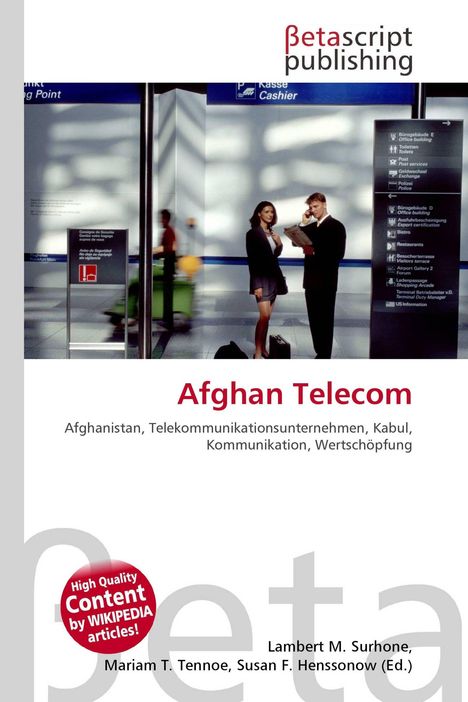 Buchcover mit "Afghan Telecom", Themen: Afghanistan, Kommunikation. Zwei Menschen in einem modernen, hellen Gebäude.