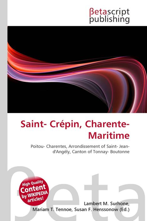 Text: "Saint- Crépin, Charente-Maritime. Poitou-Charentes, Arrondissement of Saint-Jean-d'Angély, Canton of Tonnay-Boutonne." Logo oben. Farbbänder in Rot und Violett auf Schwarz.