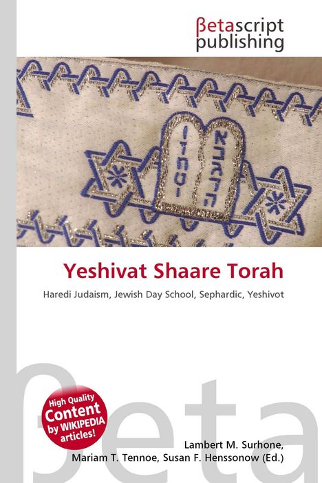 "Yeshivat Shaare Torah" in Rot, darunter Stichworte zu Haredi Judentum. Oben Logo von "Betascript publishing".