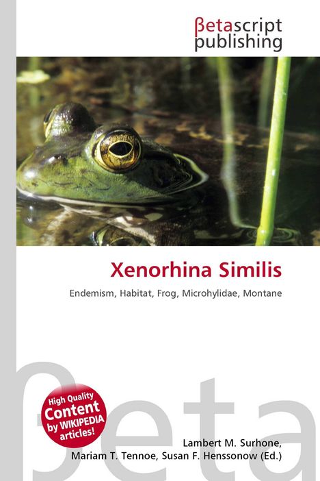 Text: "Xenorhina Similis", "Endemism, Habitat, Frog, Microhylidae, Montane". Oben ist ein Frosch in einem Teich zu sehen.