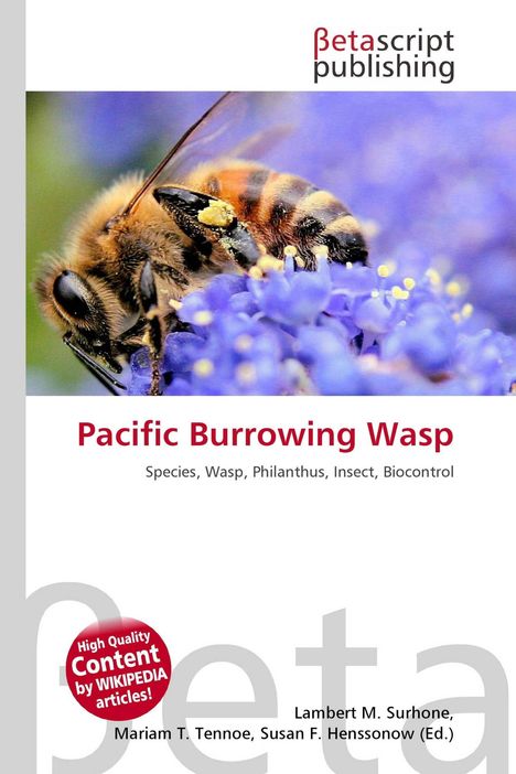 Text beschreibt "Pacific Burrowing Wasp", darunter fliegt eine Biene über lila Blüten. Oben links ein Verlagslogo.