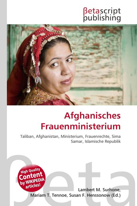 Logo "Betascript Publishing", Text "Afghanisches Frauenministerium", Frau trägt traditionelles rotes Gewand und Schmuck.