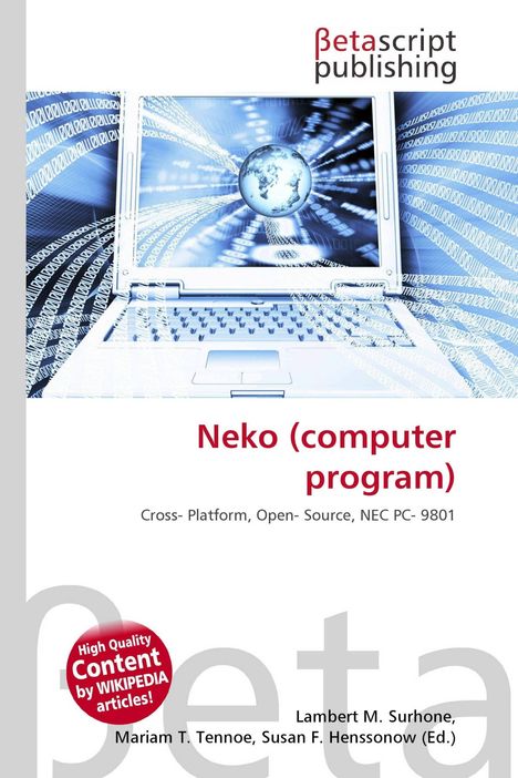 „Neko (computer program)“, präsentiert als Cover eines Buches, Laptop mit globaler Grafik.