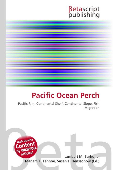 "Pacific Ocean Perch" beschreibt Fischmigration. Bunt gestreifte Illustration. Betascript Publishing oben rechts.