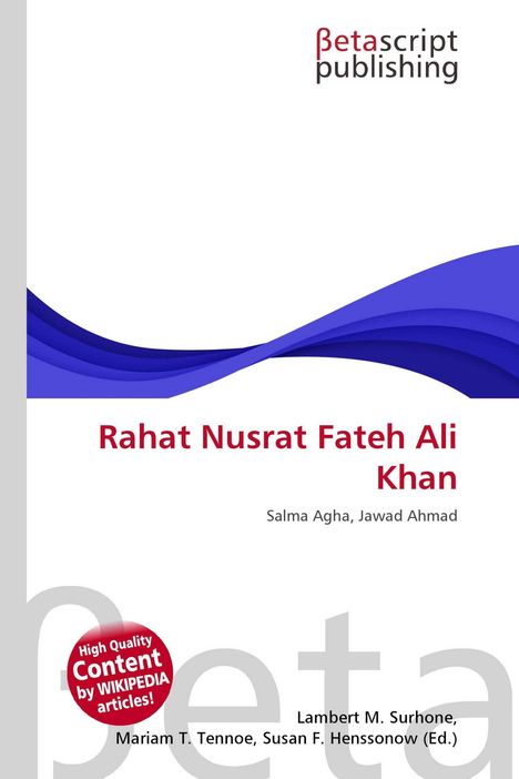 Text: "Rahat Nusrat Fateh Ali Khan" in Rot, darunter "Salma Agha, Jawad Ahmad" in Schwarz, oberhalb "Betascript publishing", violette Wellen.