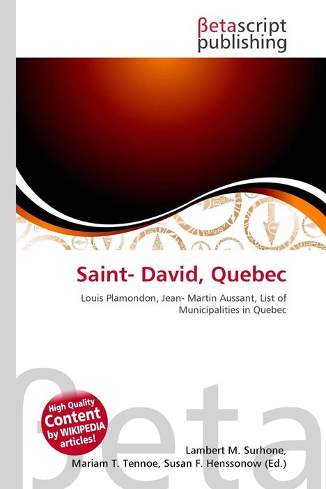 Betascript publishing. Saint-David, Quebec. Namen von Autoren. Illustration mit Kurven in Rot-, Weiß- und Schwarztönen.
