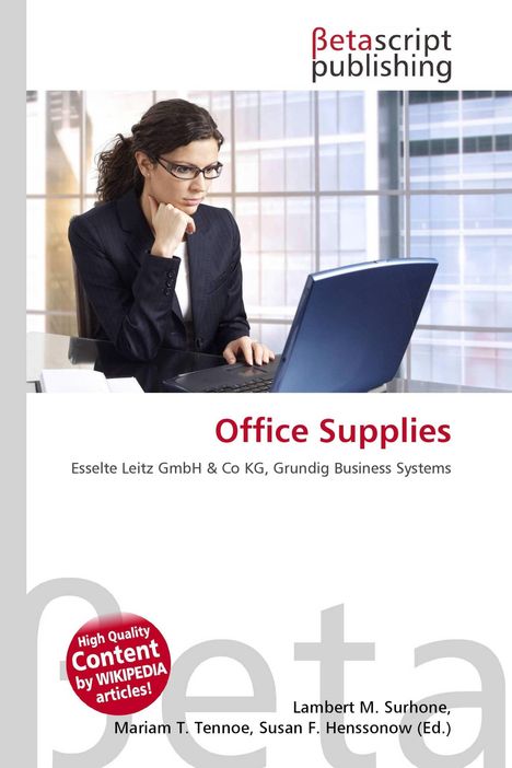 Logo: "Betascript publishing". Titel: "Office Supplies". Frau am Laptop, denkt nach, modernes Büro im Hintergrund.