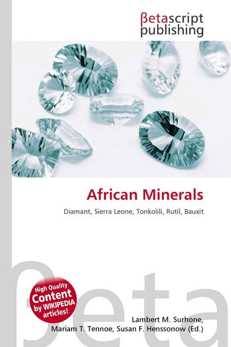 Logo "Betascript Publishing", Titel "African Minerals", diamantenähnliche Steine auf weißem Hintergrund.