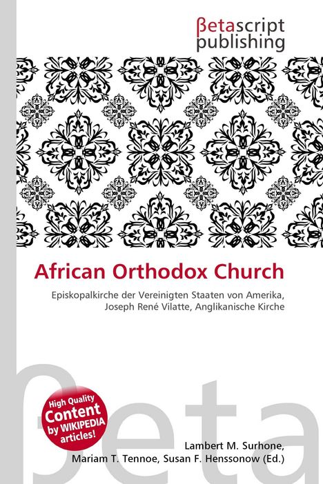 "African Orthodox Church" steht in roter Schrift, darunter Beschreibung. Schwarzes Ornamentmuster auf weißem Hintergrund.
