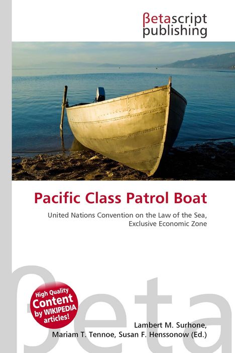 "Pacific Class Patrol Boat," darunter ein Boot am Strand vor ruhigem Wasser unter blauem Himmel. "Betascript Publishing."