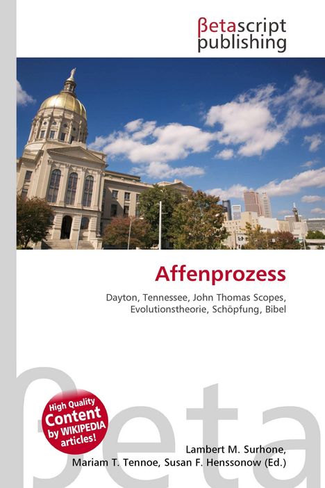 "Affenprozess: Dayton, Tennessee, John Thomas Scopes, Evolutionstheorie, Schöpfung, Bibel" steht auf einem Buchcover mit Gebäude.