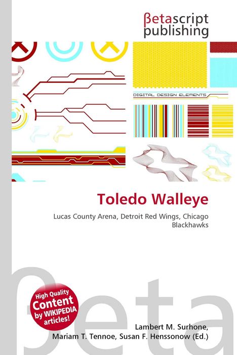 „Toledo Walleye“, „Lucas County Arena, Detroit Red Wings, Chicago Blackhawks“. Bunte geometrische Muster und ein Logo.