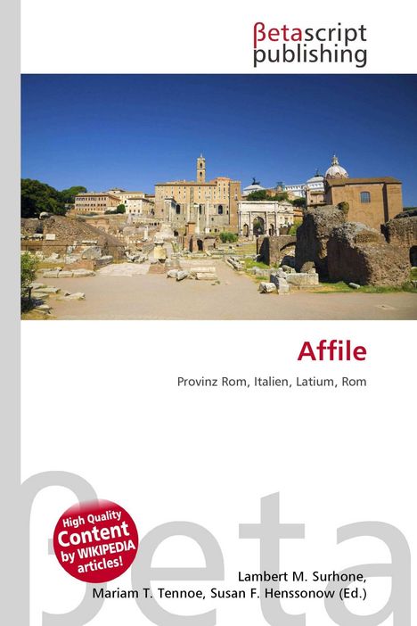 "Affile, Provinz Rom, Italien, Latium, Rom." Ein historisches Bauwerk mit antiken Ruinen vor einem klaren blauen Himmel.