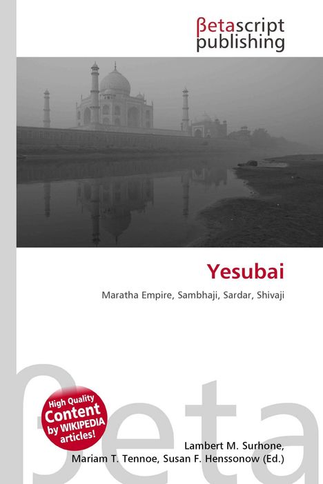 "Yesubai" in Rot, darunter "Maratha Empire, Sambhaji, Sardar, Shivaji". Oben ein architektonisches Foto mit Kuppeln und Türmen.