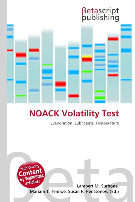 Text: "NOACK Volatility Test. Evaporation, Lubricants, Temperature." Grafische Balken mit farbigen Linien.