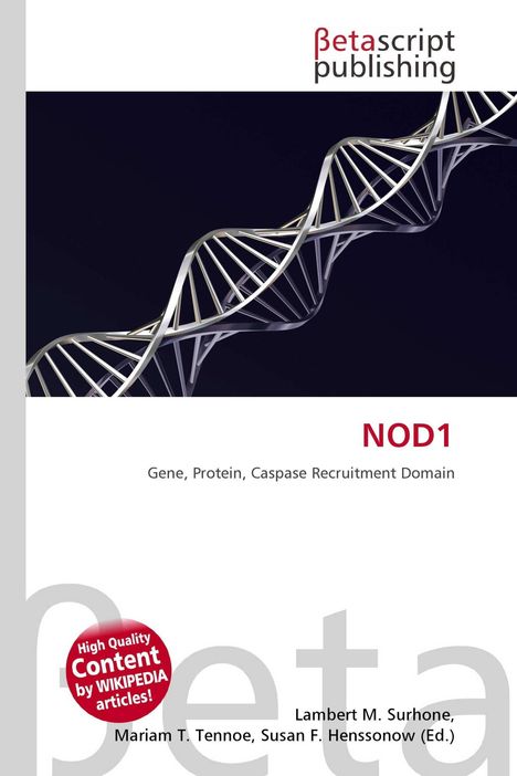 Titel: NOD1. Text: "Gene, Protein, Caspase Recruitment Domain". Logo: Betascript Publishing. DNA-Doppelhelix-Abbildung.