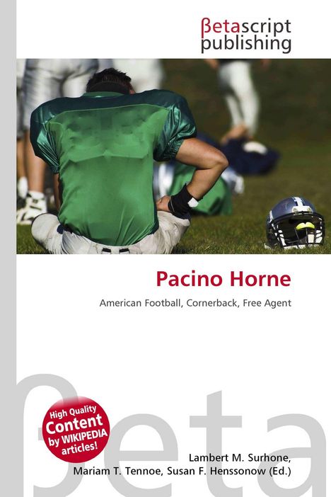 "Pacino Horne, American Football, Cornerback, Free Agent. Spieler in grüner Ausrüstung auf Rasen, Helm liegt daneben."