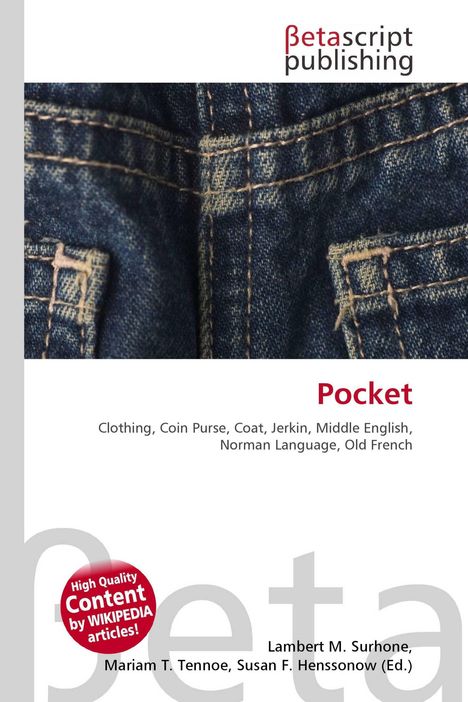 "Pocket" in Rot, darunter Wörter wie "Clothing, Coin Purse". Jeansstoff mit Nähten im Hintergrund.