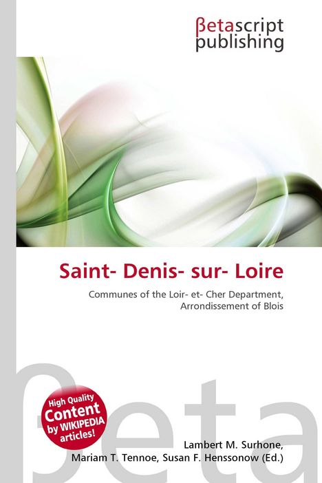 "Saint-Denis-sur-Loire" in roter Schrift, abstrakte grüne und weiße Wellen auf hellem Hintergrund, Logo "Betascript Publishing".