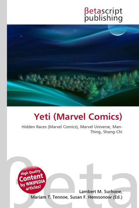 "Yeti (Marvel Comics)" und Beschreibung von Themen, darunter Marvel-Universum. Oben ein nächtliches, abstraktes Waldgemälde.