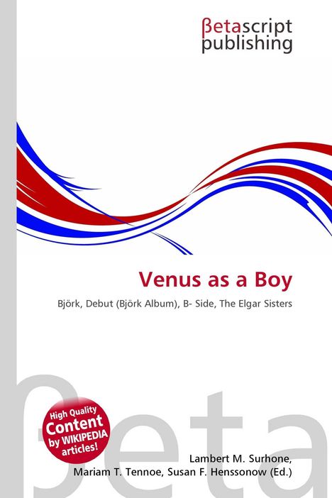 "Venus as a Boy" in Rot. Wellen in Rot und Blau. Seitenleiste links in Grau. "betascript publishing" oben rechts.