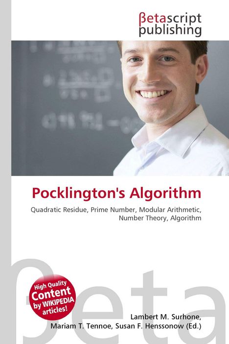 „Pocklington's Algorithm“, Begriffe zu Mathematik. Oben Logo „Betascript publishing“, rechts lächelnder Mann.