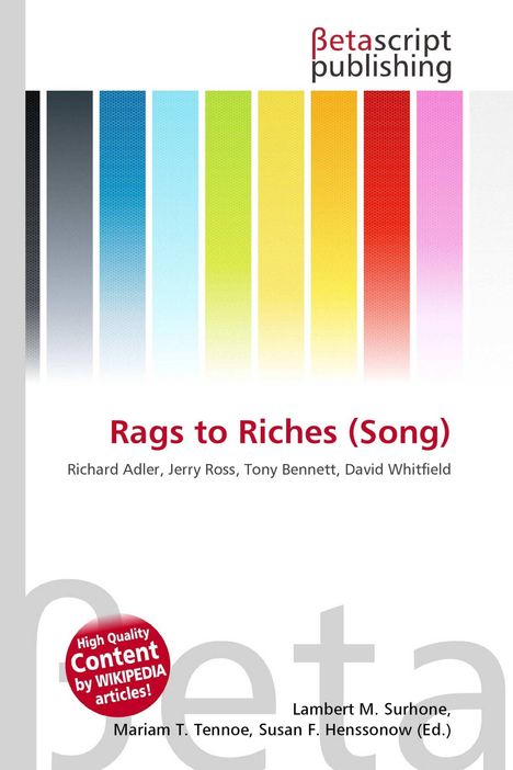 „Rags to Riches (Song)“, Betascript Publishing Logo, farbige vertikale Streifen, rote und schwarze Schrift.