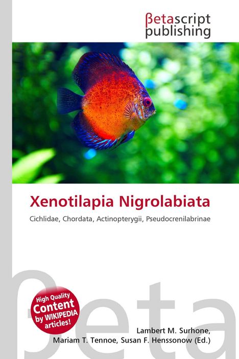 Xenotilapia Nigrolabiata, Cichlidae. Logo von Betascript Publishing. Ein farbenfroher Fisch vor unscharfem, grünem Hintergrund.