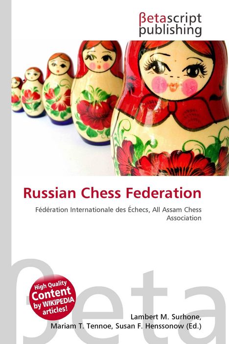"Russian Chess Federation" steht oben, Matroschka-Puppen in einer Reihe, rot und grün verziert, rechts ein Verlagslogo.