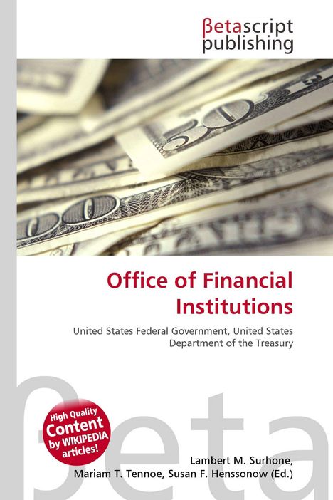 "Office of Financial Institutions" und Herausgebernamen. Hintergrund zeigt nah aufgenommene Dollarnoten.
