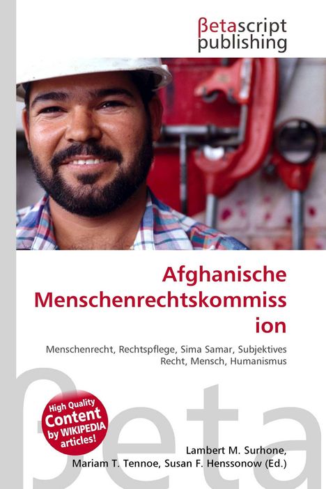 "Afghanische Menschenrechtskommission" in Rot. Arbeiter mit Helm, Hintergrund mit Werkzeugen.