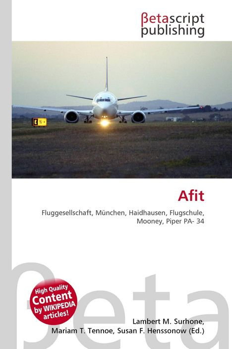 "Afit", darunter Begriffe wie Fluggesellschaft, München. Oben ein Flugzeug auf einer Landebahn, Logo: Betascript Publishing.