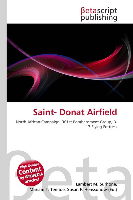 Betascript Publishing Logo, Titel: Saint-Donat Airfield. Strukturierte, farbige Bänder auf schwarzem Hintergrund.