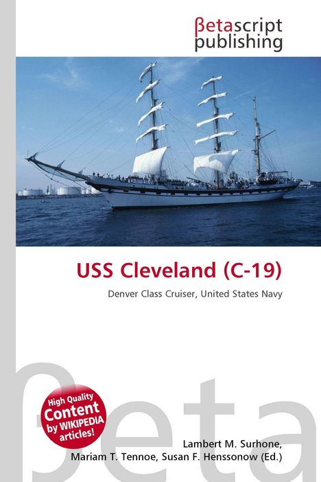 "USS Cleveland (C-19) Denver Class Cruiser, United States Navy." Segelschiff unter blauem Himmel auf dem Wasser.