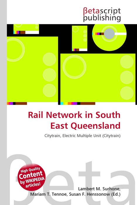 "Rail Network in South East Queensland" in roter Schrift. Grüne geometrische Formen und bunte Streifen.