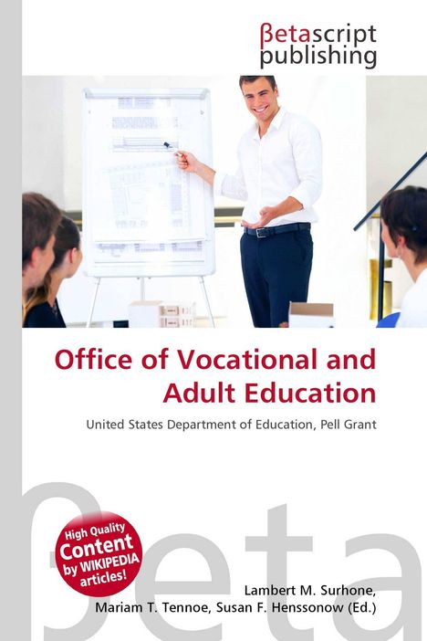 "Office of Vocational and Adult Education", ein Mann lächelt und zeigt auf Flipchart, drei Menschen schauen zu.
