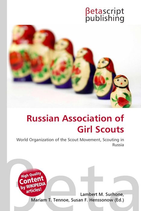 "Russian Association of Girl Scouts" steht in roter Schrift. Im Hintergrund sind verschwommene Matrjoschka-Puppen zu sehen.