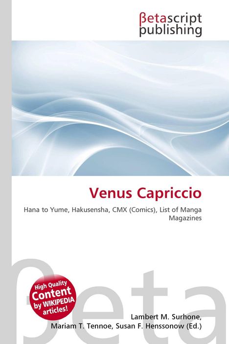 "Venus Capriccio", Namen und Begriffe, wellenförmige blaue Illustration, Verlagslogo, runde rote Plakette mit Text.